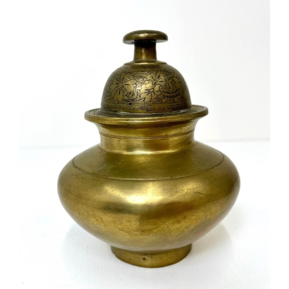 Vintage Brass Ganga Jal Lota & Bell Lid – Hand-Engraved Indian Hindu Ritual Jar